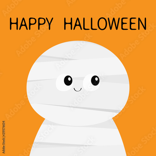 Mummy monster. Happy Halloween. Cute cartoon funny spooky baby character. Mum head face. Greeting card. Flat design. Orange background. Isolated.