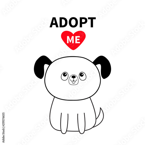 Adopt me. Dont buy. Contour sitting dog silhouette. Red heart. Pet adoption. Kawaii animal. Cute cartoon pooch character. Funny baby puppy . Help homeless animal Flat design. White background