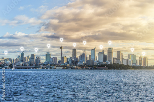 Canvas Print Location concept. GPS icon over city to locate  the place