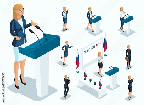 Isometry is a woman president, voting, elections, debate. Gestures of Candidate, slogans of a businesswoman, power, beautiful legs and expensive suits