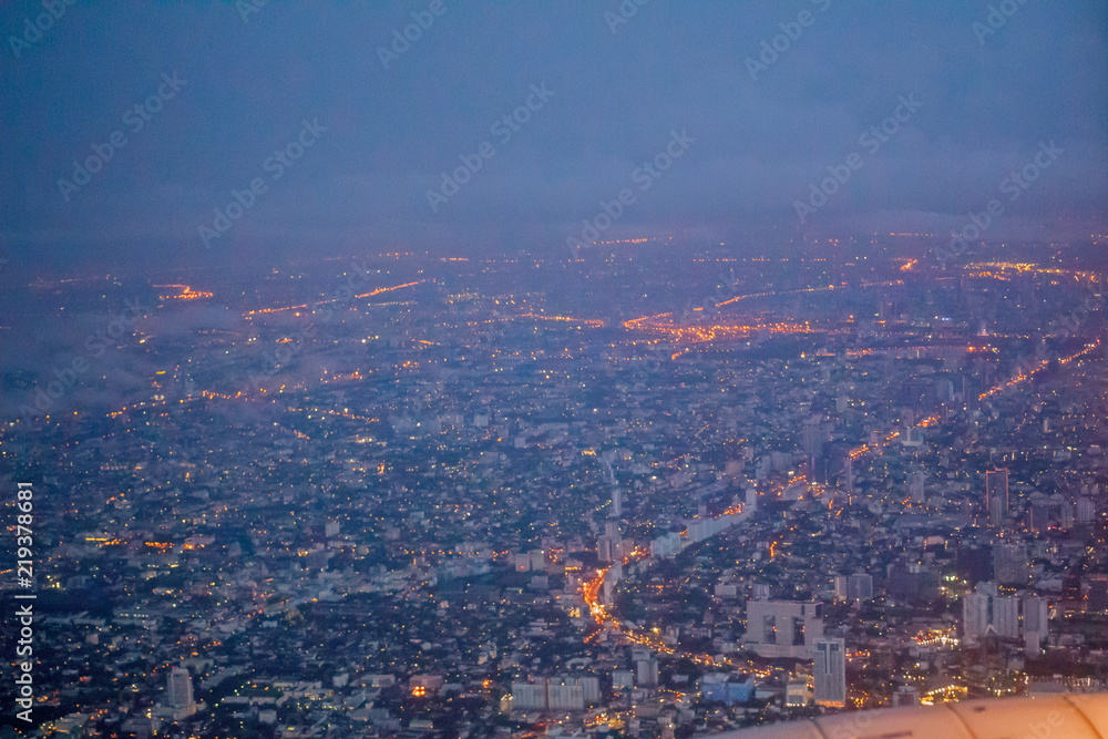 High angle view on plane  Bangkok Thailand At night.