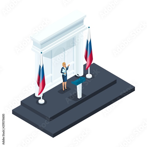 Isometry is a woman candidate for presidency, the 3d candidate speaks at a briefing in the Kremlin. Speech, Russian flag, elections, voting