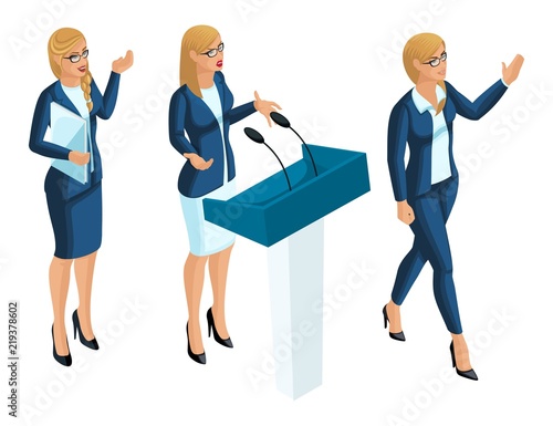 Isometrics business woman, presenter, journalist, presidential candidate. Russian flag, elections, voting, forward movement