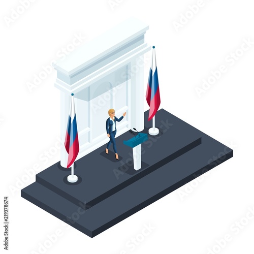 Isometry is a woman president, a 3d presidential candidate speaks at a briefing in the Kremlin. Speech of the candidate, the Russian flag, elections, voting