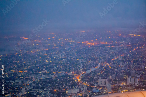 High angle view on plane Bangkok Thailand At night.