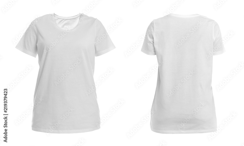Front and back views of blank t-shirt on white background