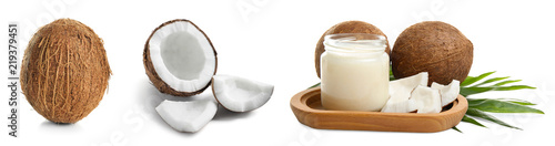 Set with coconut oil on white background