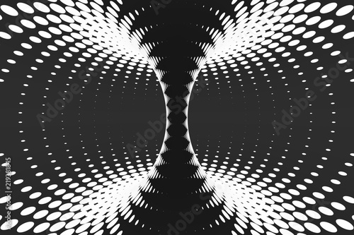 Black and white dotted spiral tunnel. Striped twisted spotted optical illusion. Abstract halftone background. 3D render.
