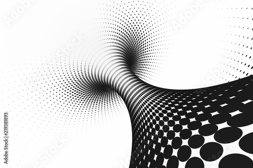 Black and white dotted spiral tunnel. Striped twisted spotted optical illusion. Abstract halftone background. 3D render.