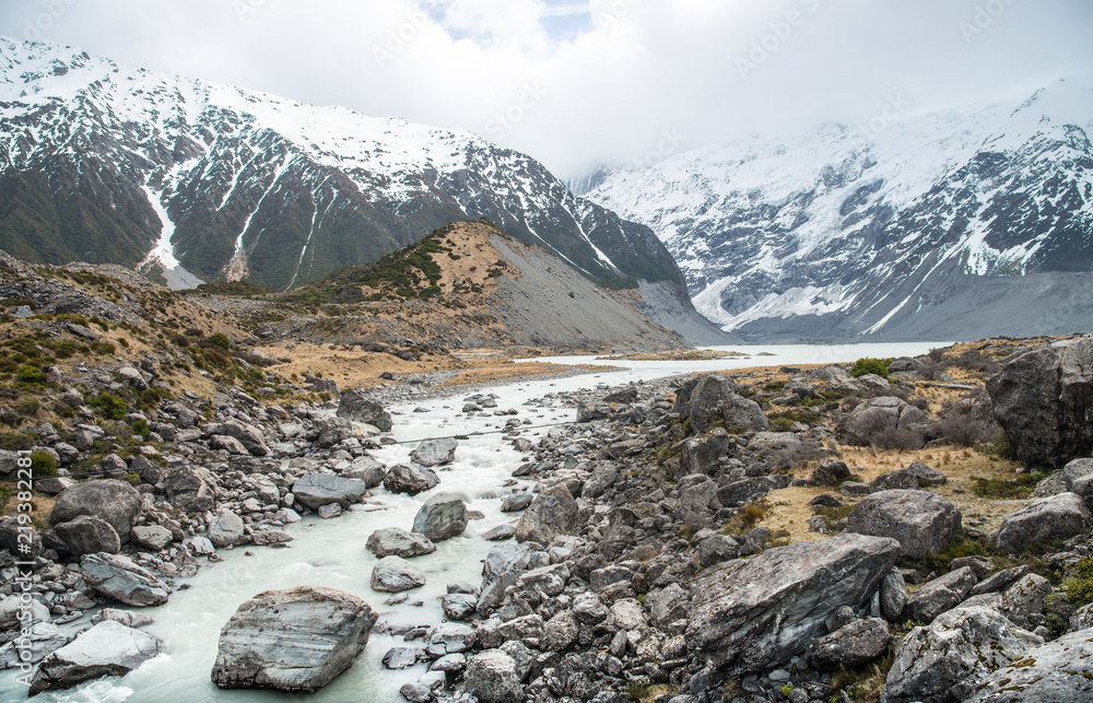 The glacier lake of Hooker Valley tracks in Aoraki / Mount Cook the highest mountains in New Zealand.