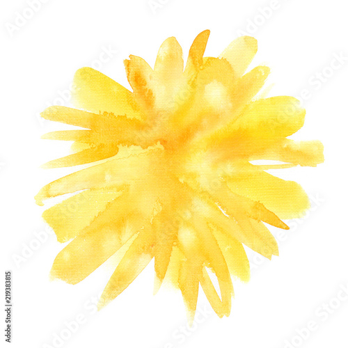 Bright yellow pom pom backdrop painted in watercolor on clean white background. Illustration with rough canvas texture