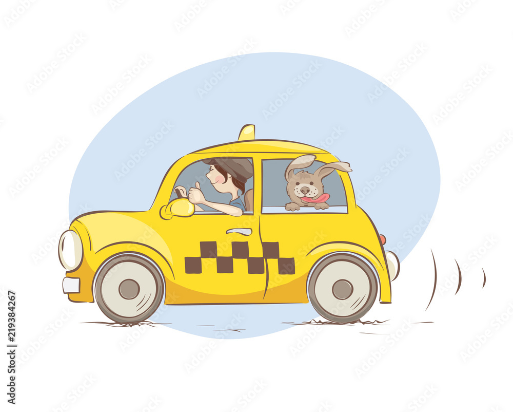 Cheerful taxi / Girl driver and pet friendly taxi, vector illustration.