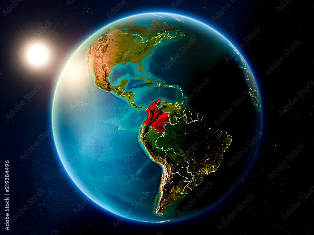 Fototapeta premium Colombia with sunset from space