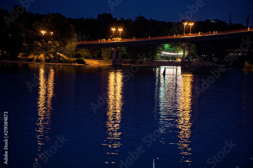 Blinking lights on night bridge  sparkle in water reflection