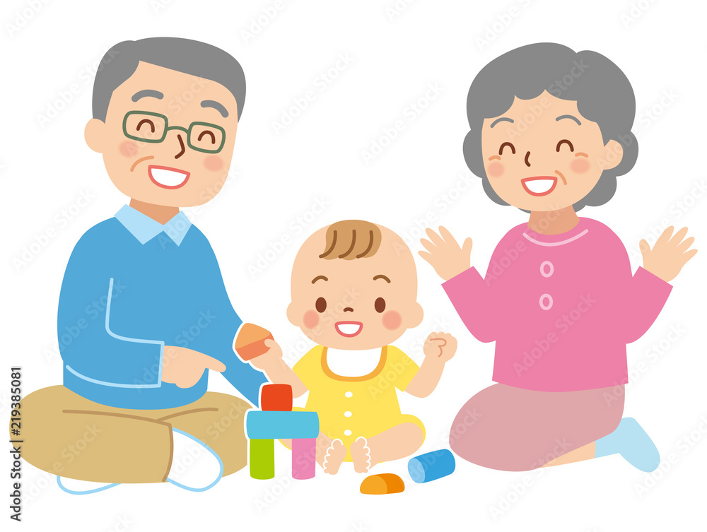 赤ちゃんと遊ぶ老夫婦