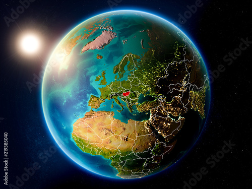 Fototapeta Naklejka Na Ścianę i Meble -  Hungary with sunset from space