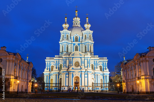 Smolny Convent with Smolny Cathedral at night. Saint Petersburg, Russia