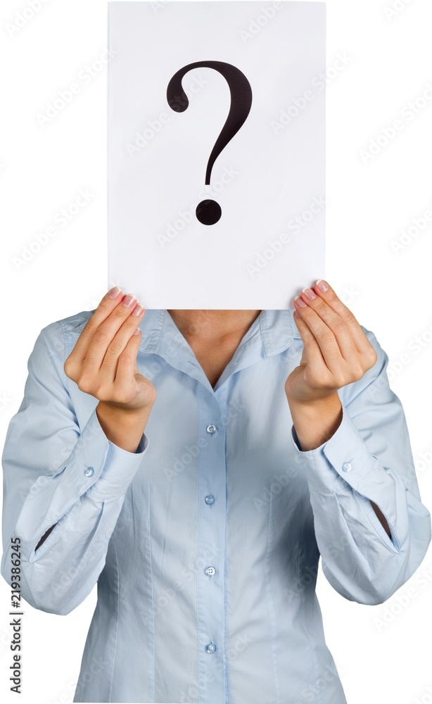 Portrait of a Businesswoman Holding a White Card with Question Portrait of a Businesswoman Holding a White Card with Question
