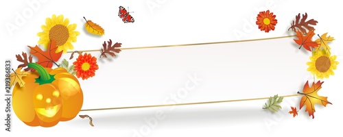 hebstlicher Banner mit Blättern und Kürbis