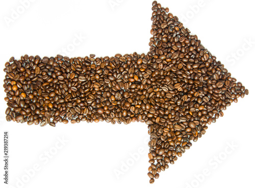 Coffee beans in the form of arrow isolated on white background, view from above
