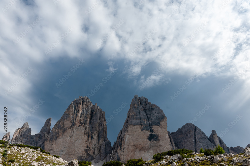 The Tre Cime di Lavaredo, the most famous peaks in the Italian Dolomites, on a summer afternoon