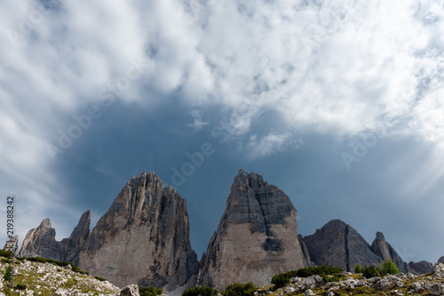 The Tre Cime di Lavaredo, the most famous peaks in the Italian Dolomites, on a summer afternoon