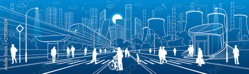Urban City Infrastructure Illustration. People walking at street. Modern town architecture. Train move on bridge. Illuminated highway. Factory thermal power plant. Monorail road. Vector design art