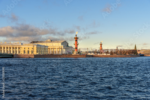 Palace Bridge and Vasilyevsky island Spit Strelka with Rostral columns. Saint Petersburg, Russia