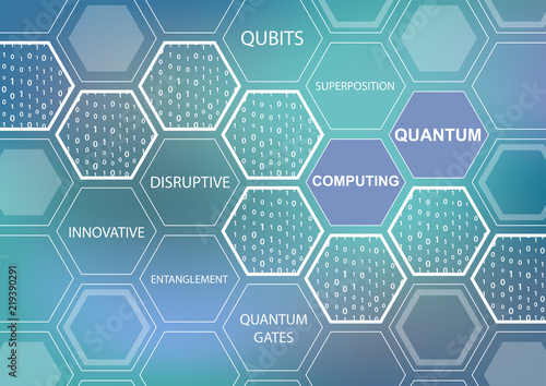Quantum computing text on blurry green and blue background as vector illustration with hexagonal shapes