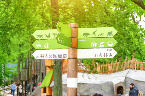 Informational visitor sign pointer to tourist destinations in Berlin Zoo