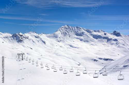 Canvas Print Landscape with ski lift in high mountains ski resort in winter, Tignes, France,