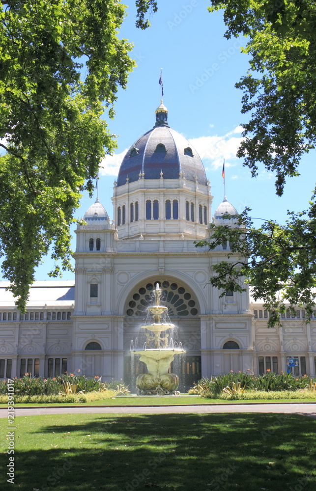 Royal Exhibition Building and water fountain in Melbourne Australia