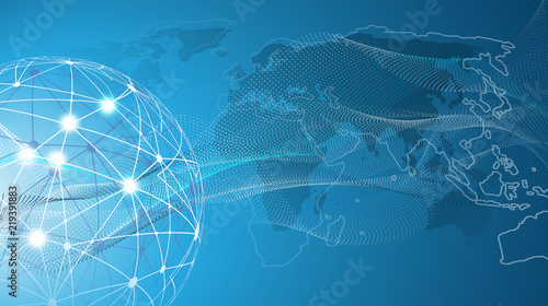 Futuristic Bright Global Technology, Networking and Cloud Computing Design Concept with Globe and World Map - Digital Network Connections, Technology Background