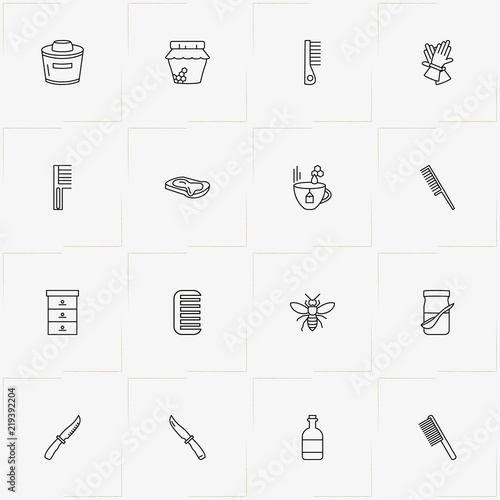 Honey line icon set with knife, gloves and bottle