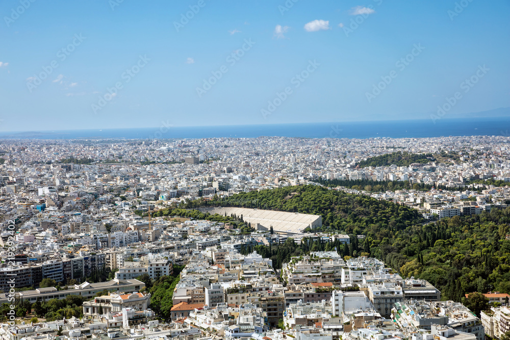 Panoramic view from Lycabettus hill of athens city, greece and ancient stadium