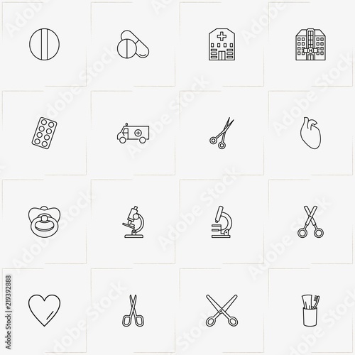 Hospital line icon set with pills, baby pacifier and toothpaste with brush