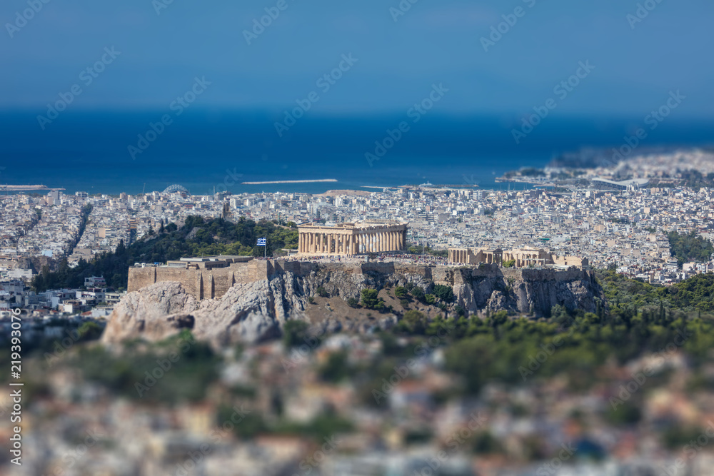 Panoramic aerial view of Acropolis in Athens Greece, tilt shift, view from Lycabettus hill