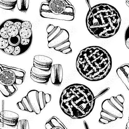 Bakery, sweet pastry vector seamless pattern, hand drawn vector background