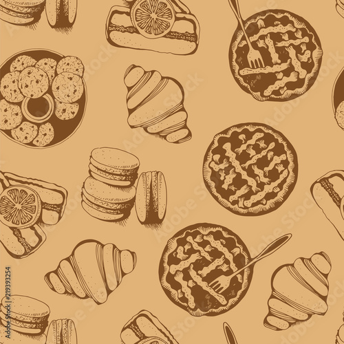 Bakery, sweet pastry vector seamless pattern, hand drawn vector beige food background