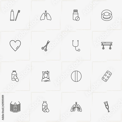 Hospital line icon set with pills, baby pacifier and hospital