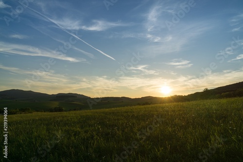 Sunrise and sunset over the hills and town. Slovakia