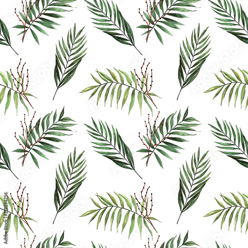 Watercolor seamless pattern with palm leaves with seeds