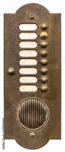Old, metal door intercom isolated on white background