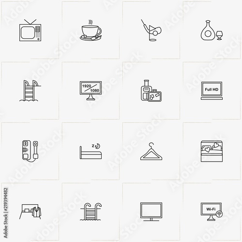 Hotel line icon set with bed, telephone  and television