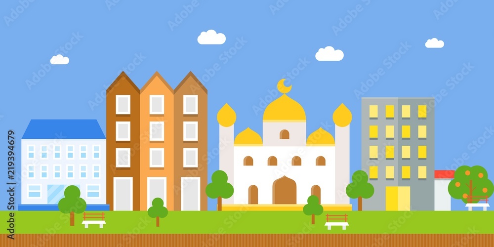landscape with masjid and building, flat icon