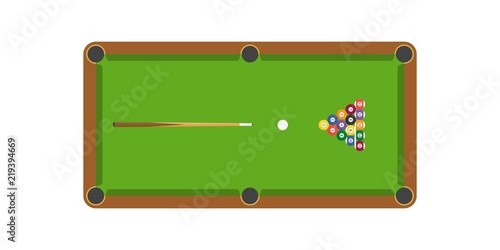 Snooker or billiard table and cue stick and billiard ball, flat design