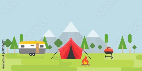Fototapeta Naklejka Na Ścianę i Meble -  Summer camping tent, camper, barbecue and bonfire with forest mountain background in flat design