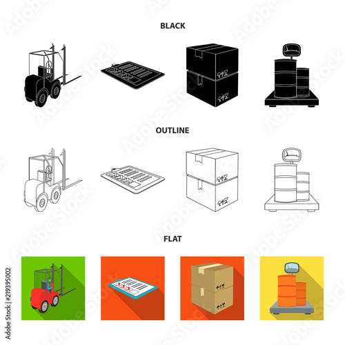 Forklift, delivery slips, packaged goods, cargo on weighing scales. Logistics and delivery set collection icons in cartoon style isometric vector symbol stock illustration web.
