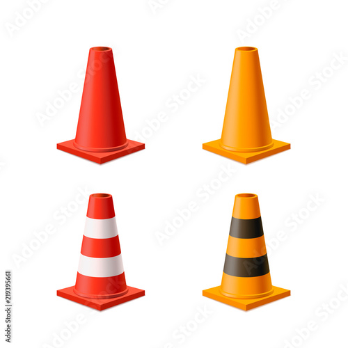 Set of bright yellow and red road cones isolated on white