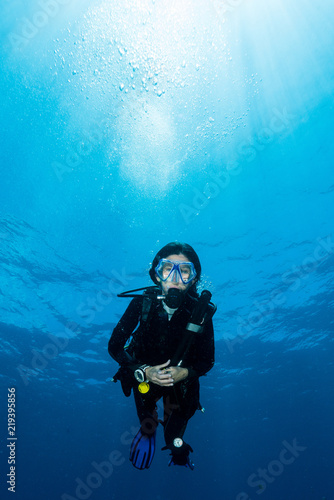woman diver underwater over a colorful tropical reef with sea fan  coral and sponge in Rajat Ampat  Indonesia